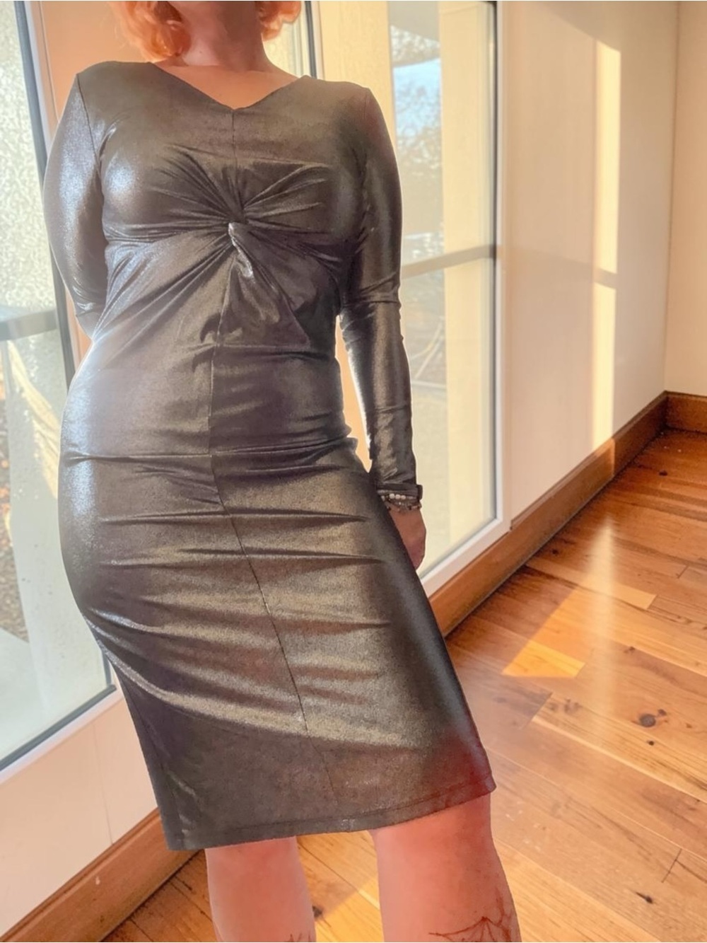 NWT Harper Rose Long Sleeve Ruched Center Tie Dress Metallic Silver Sz 8 Glamour - Picture 2 of 16